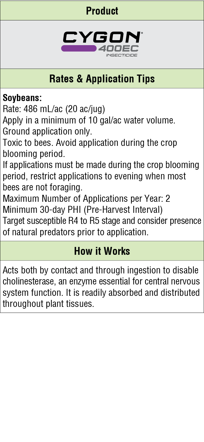 Product,￼,Rates & Application Tips,Soybeans: Rate: 486 mL/ac (20 ac/jug) Apply in a minimum of 10 gal/ac water volume...