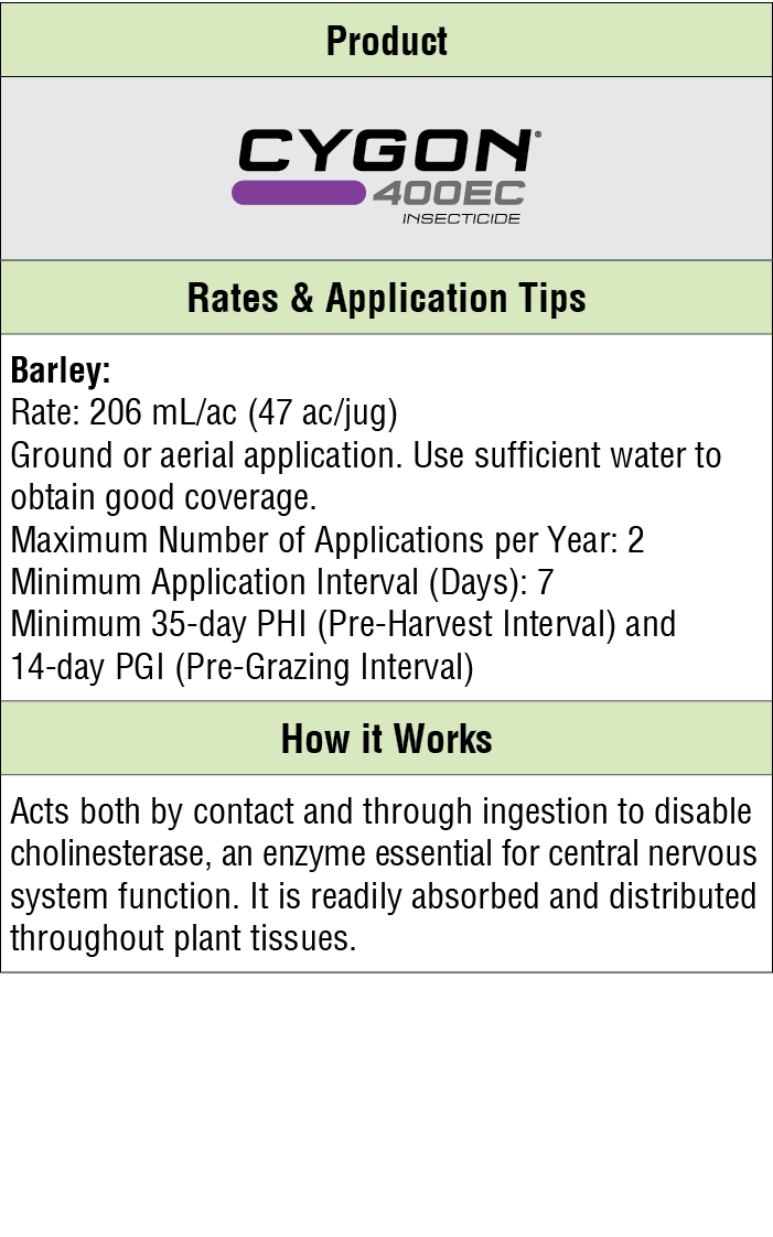 Product,￼,Rates & Application Tips,Barley: Rate: 206 mL/ac (47 ac/jug) Ground or aerial application. Use sufficient w...